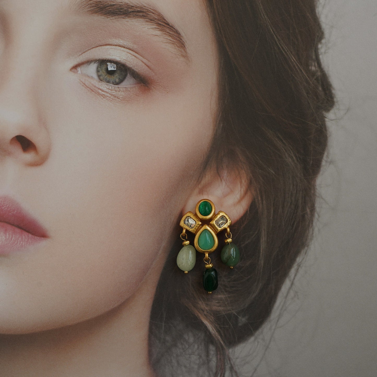 Gold Emerald Earrings, Natural Emerald