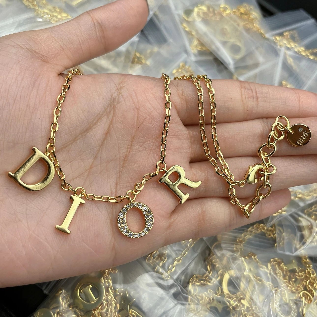 D gold rhinestone letter pendant short necklace brass lady jewelry