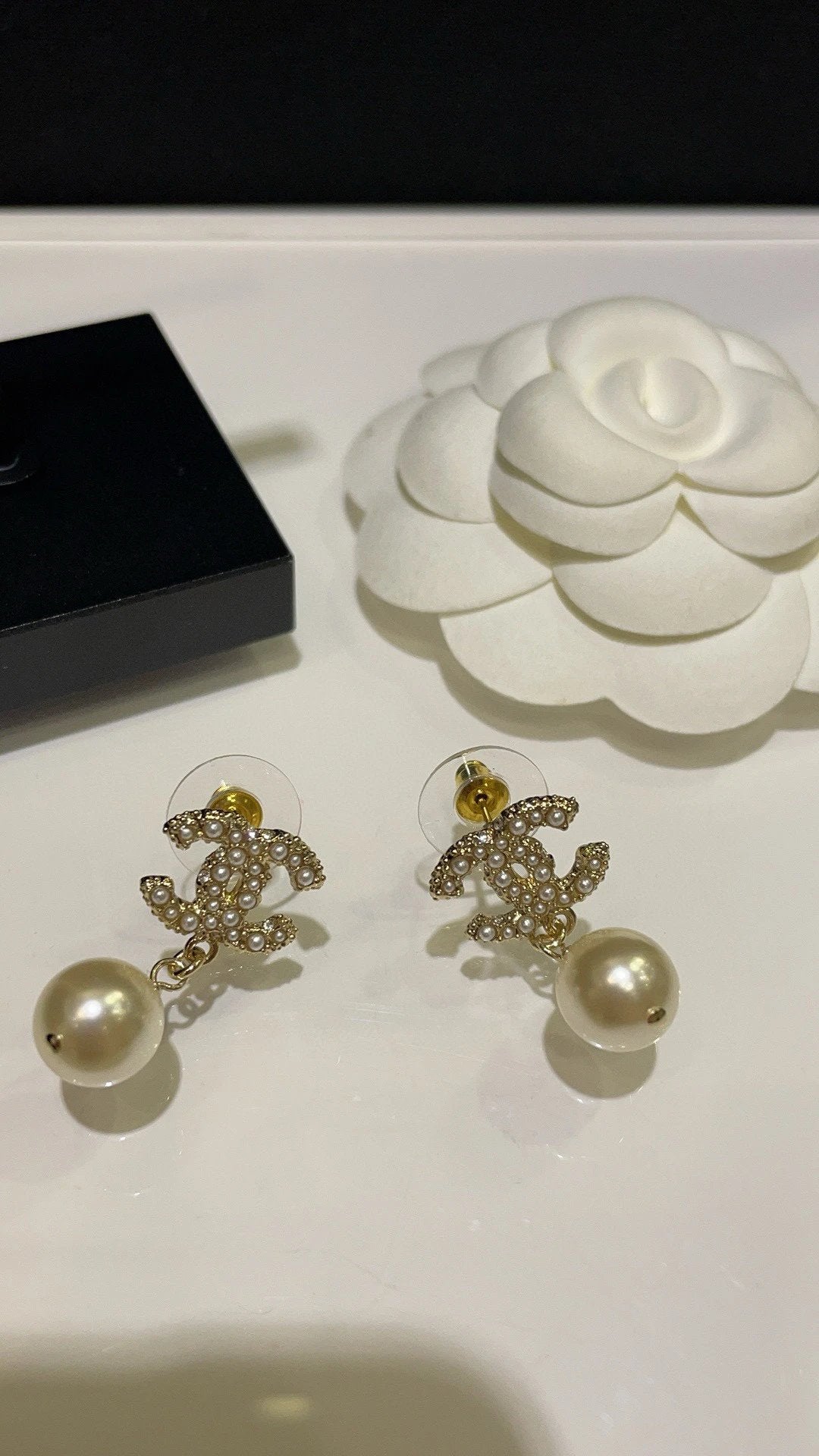 Classic 100th Anniversary Pearl Drop Earrings Brass