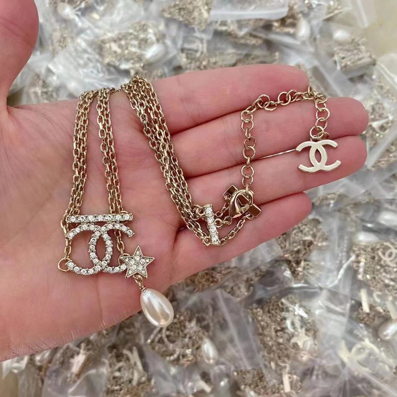 zp goddess five-pointed star water drop pearl short necklace double chain rhinestone texture