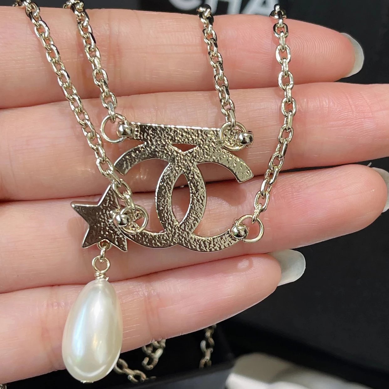 zp goddess five-pointed star water drop pearl short necklace double chain rhinestone texture