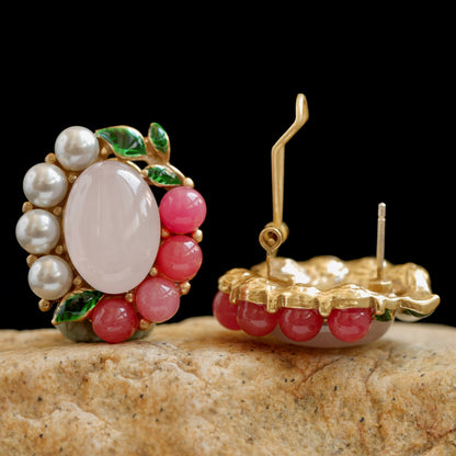 Vintage gold tone pink white flower earing