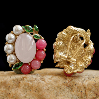 Vintage gold tone pink white flower earing