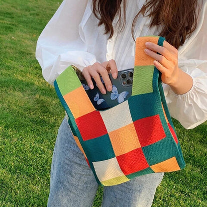 AustralCraft Quality Knit Tote Bag - Green Checkered Colour Block
