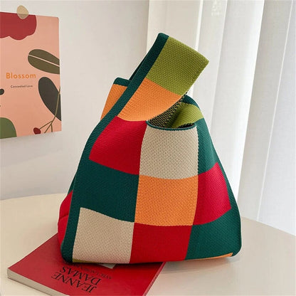 AustralCraft Quality Knit Tote Bag - Green Checkered Colour Block