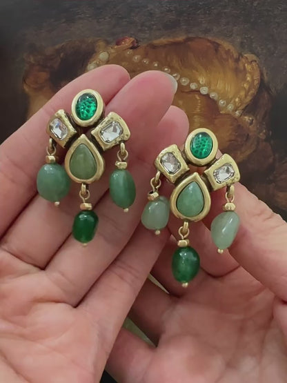 Gold Emerald Earrings, Natural Emerald