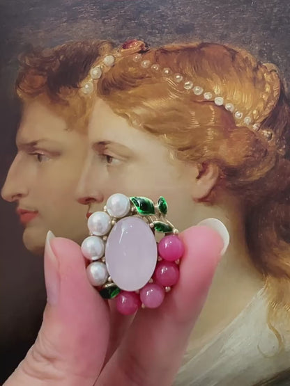 Vintage gold tone pink white flower earing