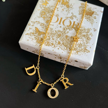 D gold rhinestone letter pendant short necklace brass lady jewelry