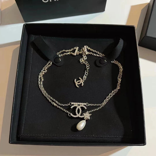 zp goddess five-pointed star water drop pearl short necklace double chain rhinestone texture
