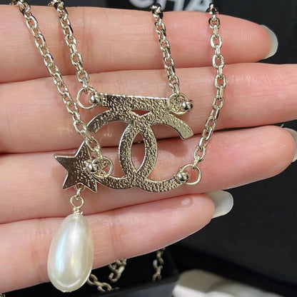 zp goddess five-pointed star water drop pearl short necklace double chain rhinestone texture